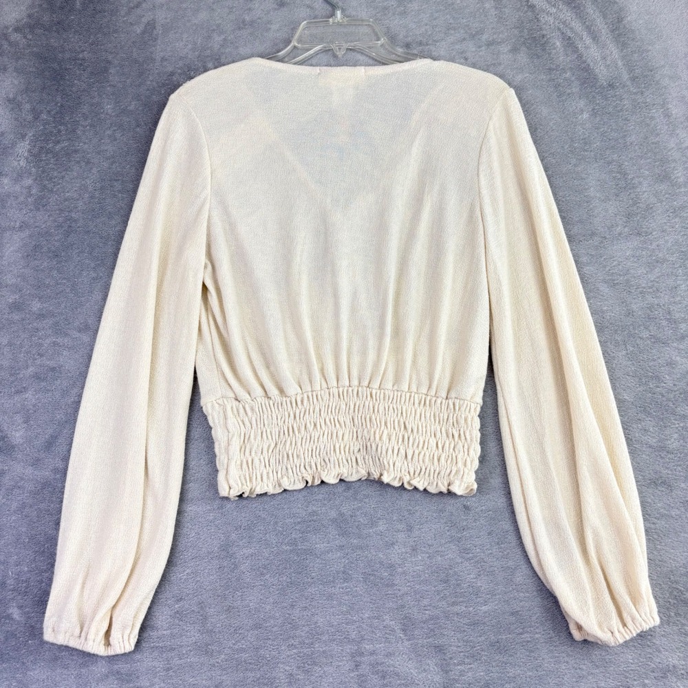 Everleigh Womens S‎ Cream Surplice Wrap Top Smocked Waist Bishop Sleeve Casual - Picture 3 of 8